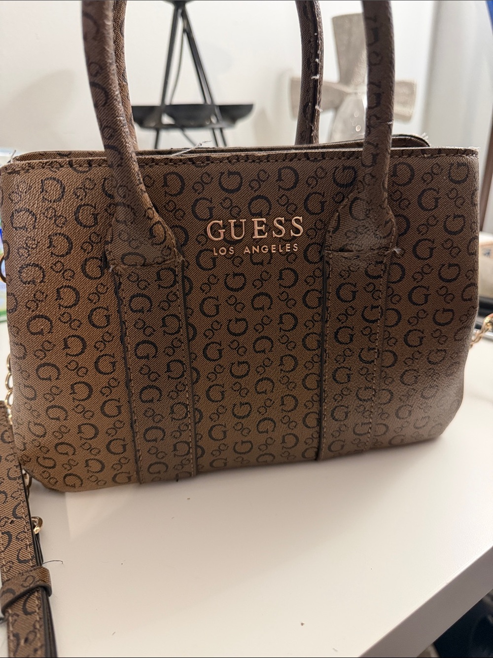 GUESS Brown Monogram Satchel with Gold Logo